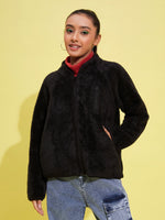 Girls Black Fur Front Zipper Jacket