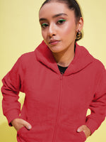Girls Maroon Fleece Fur Front Pocket Hoodie Jacket