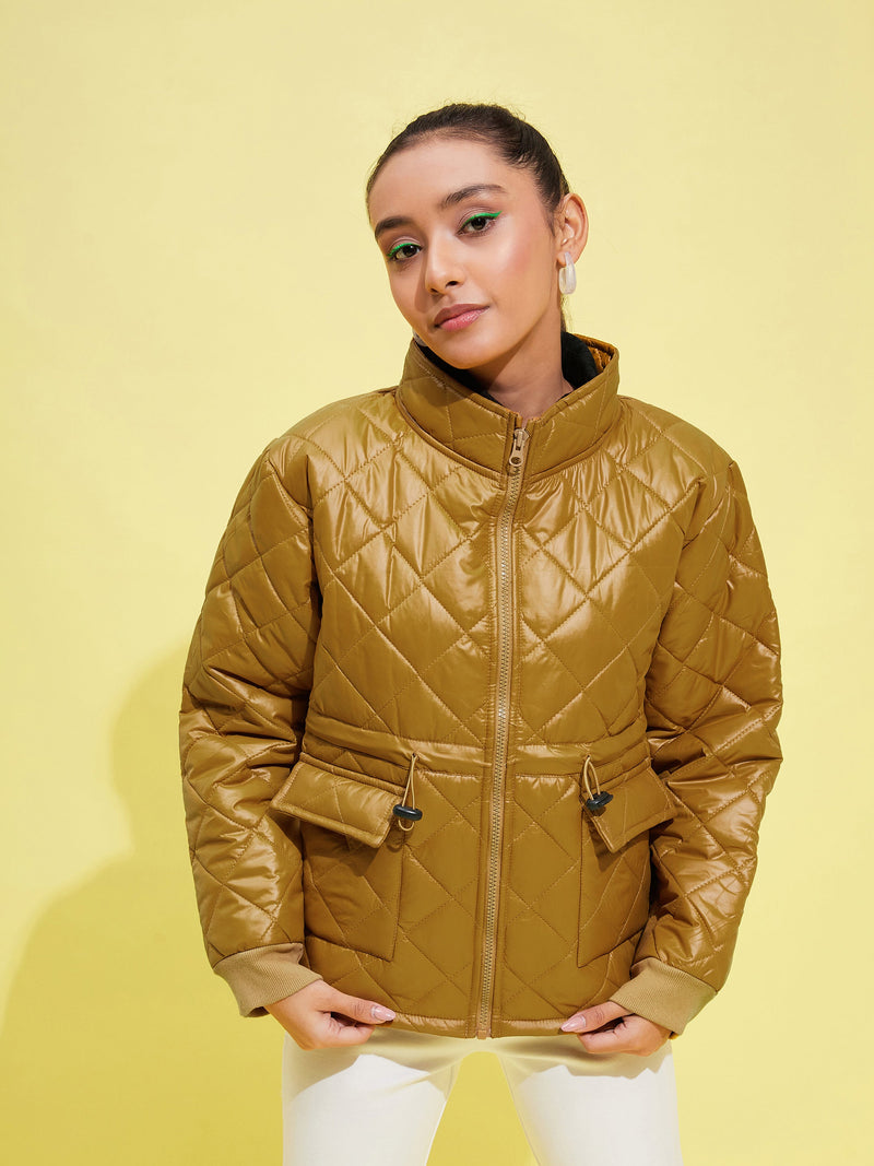 Girls Brown Front Pocket Quilted Jacket
