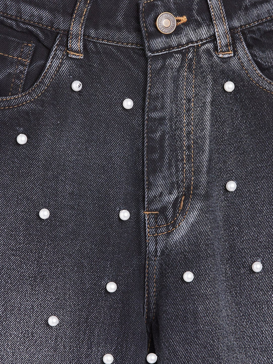 Girls Black Pearl Studs Jeans