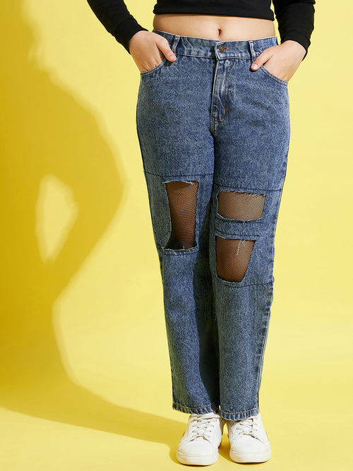 Girls Blue Mesh Net Cut Out Jeans