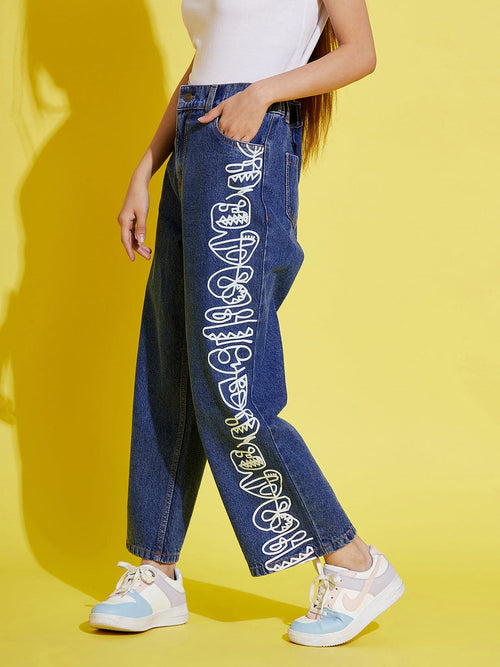Girls Blue Face Print Straight Jeans