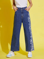 Girls Blue Face Print Straight Jeans