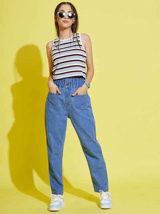 Girls Blue Paper Bag Waist Carrot Jeans