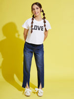 Girls Blue Front Slit Carrot Jeans