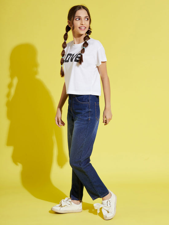 Girls Blue Front Slit Carrot Jeans