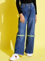 Girls Blue Front Zipper Straight Jeans