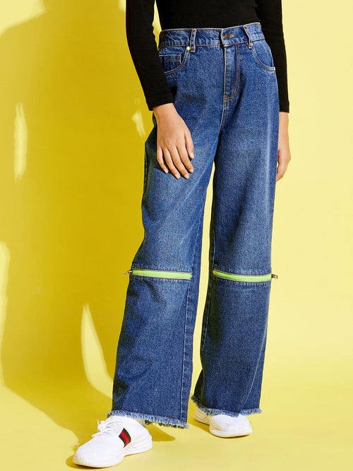 Girls Blue Front Zipper Straight Jeans