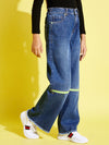 Girls Blue Front Zipper Straight Jeans