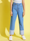 Girls Blue Contrast Hem Carrot Jeans