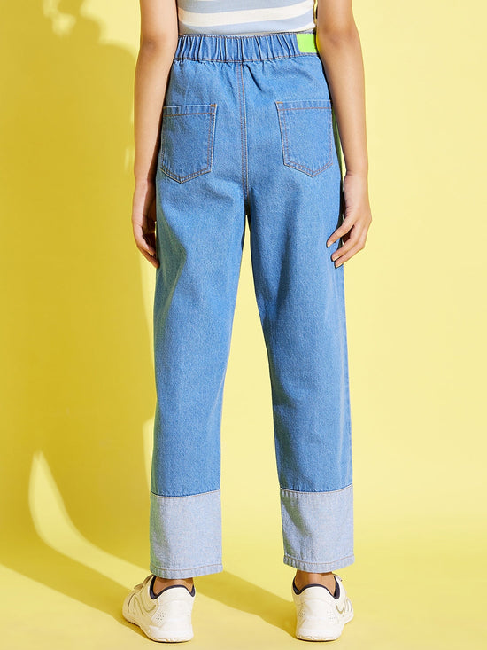 Girls Blue Contrast Hem Carrot Jeans