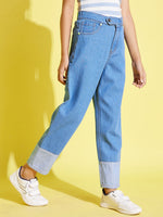 Girls Blue Contrast Hem Carrot Jeans