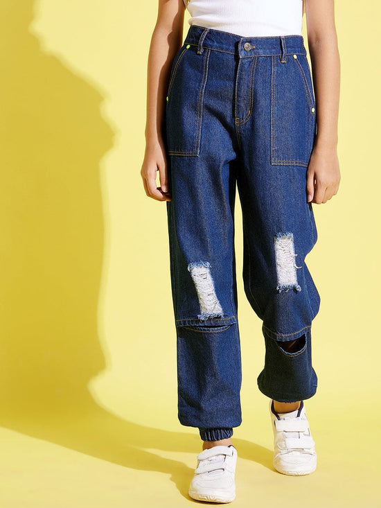 Girls Blue Knee Slit Denim Jogger Jeans