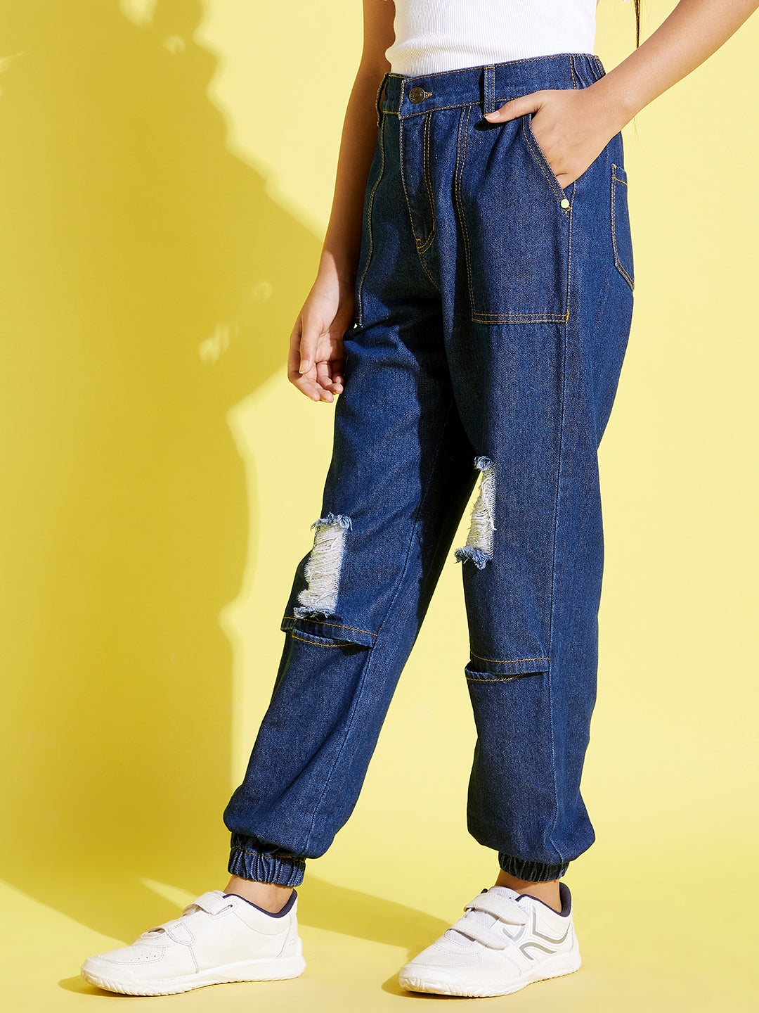 Girls Blue Knee Slit Denim Jogger Jeans – Tradyl