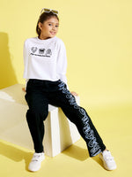 Girls Black Face Print Straight Jeans