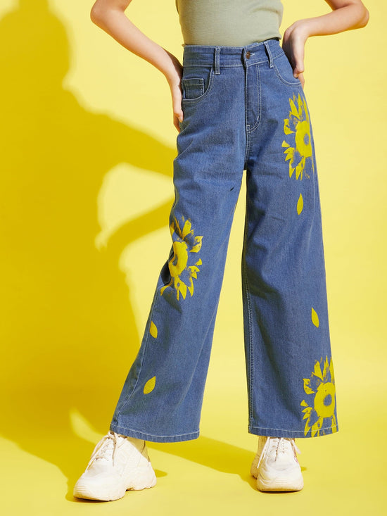 Girls Ice Blue Flower Print Straight Jeans