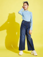 Girls Blue Contrast Thread Straight Jeans