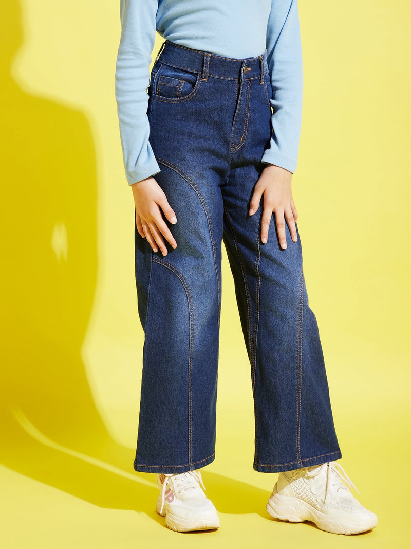 Girls Blue Contrast Thread Straight Jeans