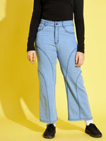 Girls Ice Blue Contrast Thread Straight Jeans