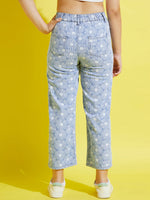 Girls Blue Floral Print Straight Jeans
