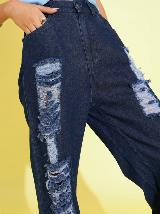 Girls Navy Distress Straight Jeans