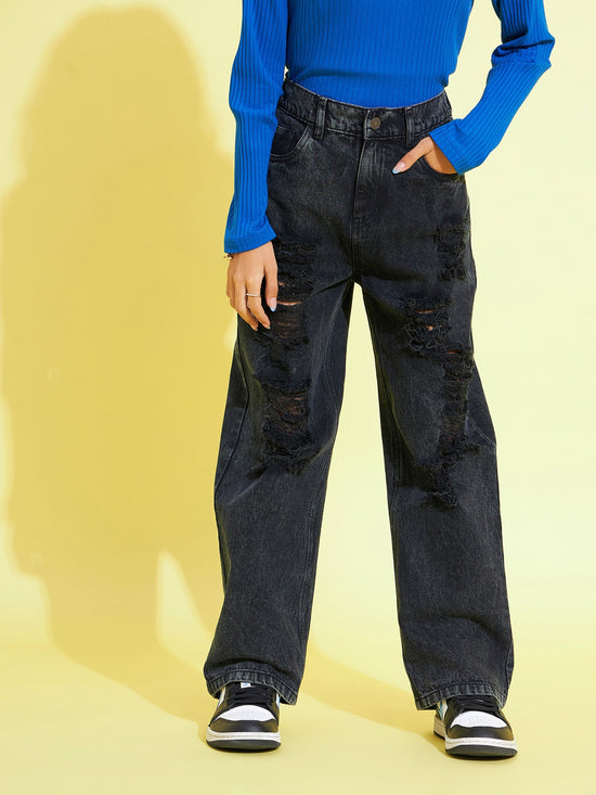 Girls Black Distress Straight Jeans