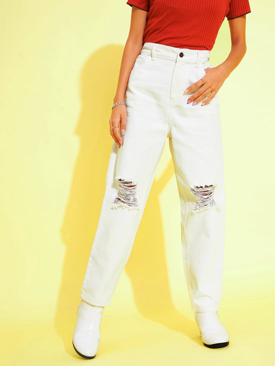 Girls White Distress Carrot Jeans