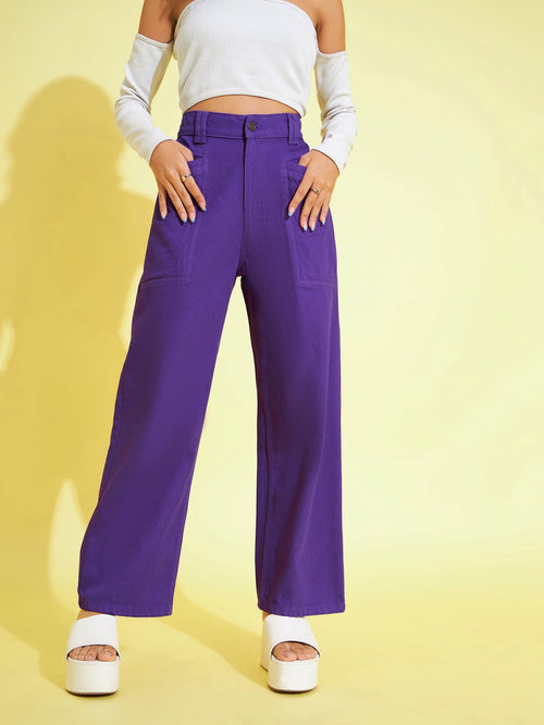 Girls Purple Side Pocket Straight Jeans