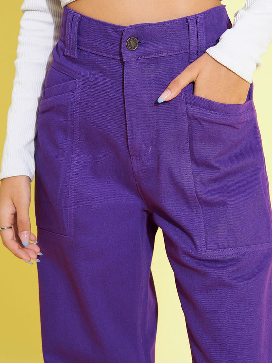 Girls Purple Side Pocket Straight Jeans