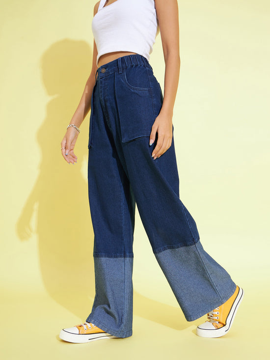 Girls Navy Colourblock Straight Jeans