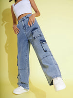 Girls Blue Acid Wash Multi Pockets Straight Jeans