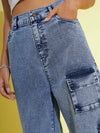 Girls Blue Acid Wash Multi Pockets Straight Jeans
