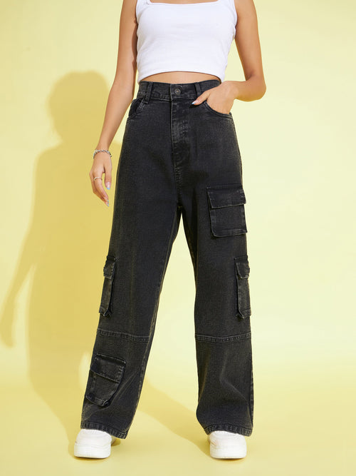 Girls Black Acid Wash Multi Pockets Straight Jeans