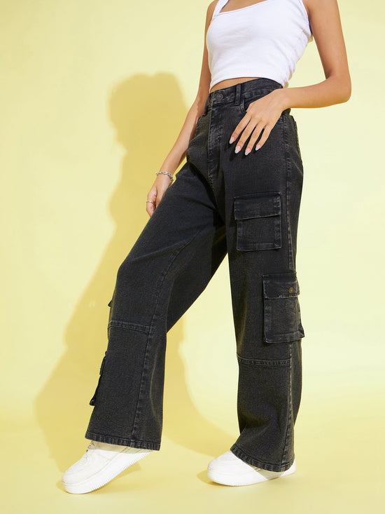 Girls Black Acid Wash Multi Pockets Straight Jeans