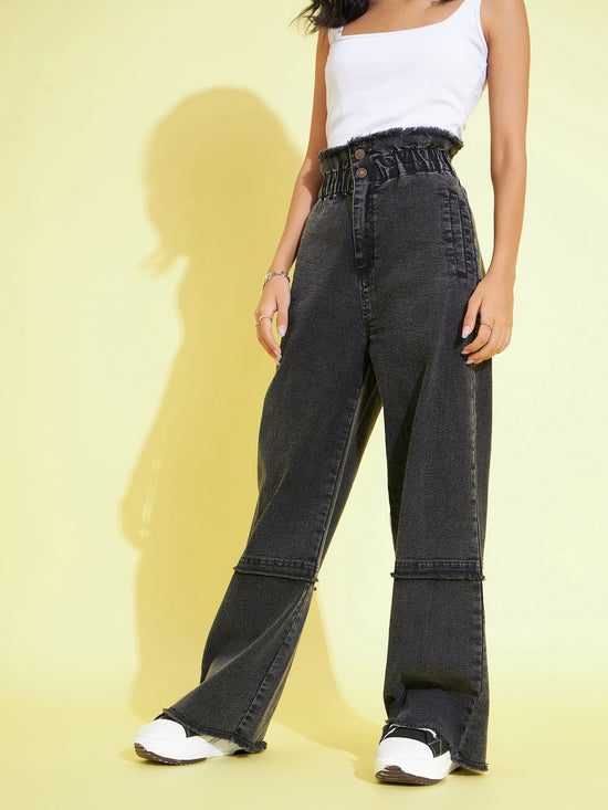 Girls Black Acid Wash Paper Bag Waist Straight Jeans