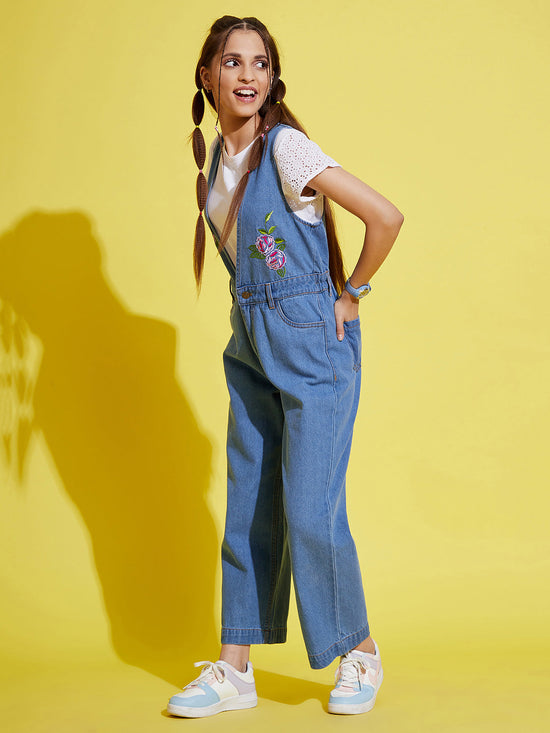 Girls Ice Blue Embroidery Denim Jumpsuit