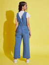 Girls Ice Blue Embroidery Denim Jumpsuit