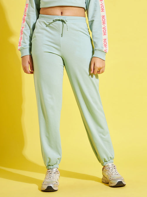 Girls Sea Green Terry Basic Drawstring Joggers