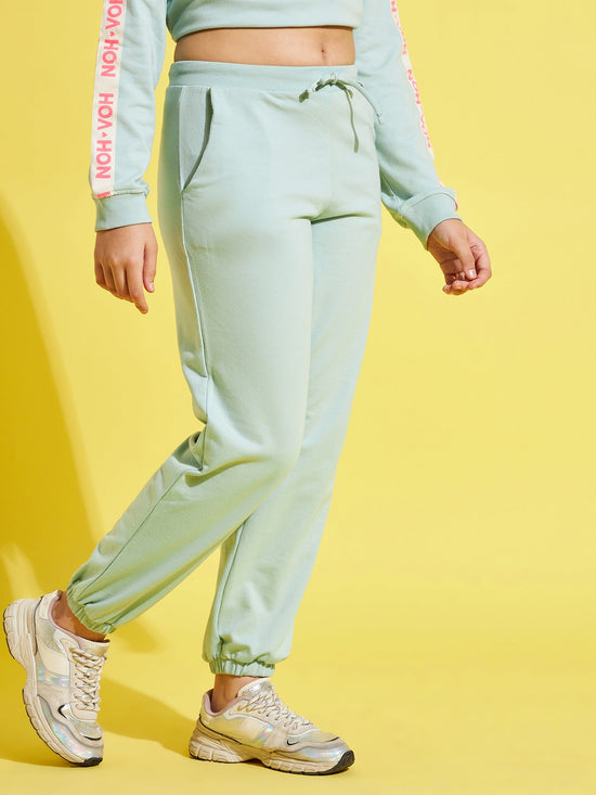 Girls Sea Green Terry Basic Drawstring Joggers