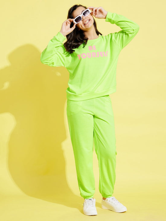 Girls Neon Green Terry Basic Drawstring Joggers