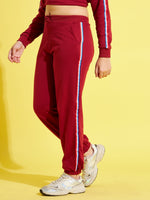 Girls Maroon Terry Side Tape Joggers