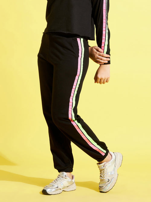 Girls Black Terry Side Tape Joggers