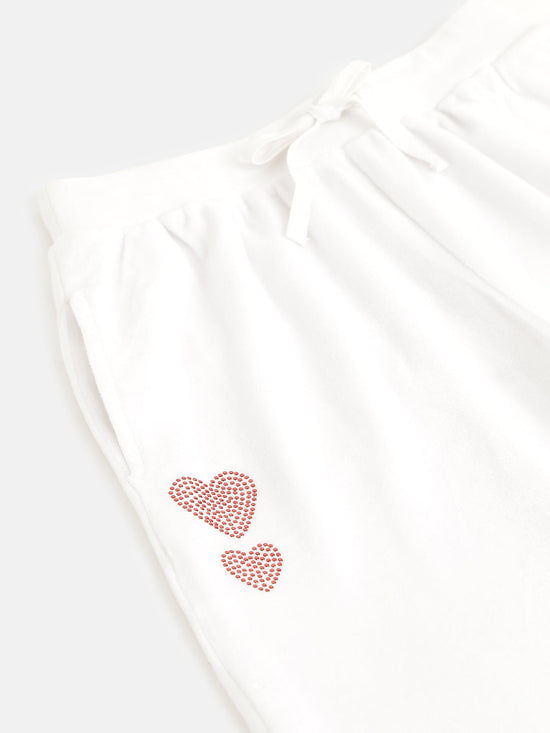 Girls White Velour Studded Heart Detail Joggers