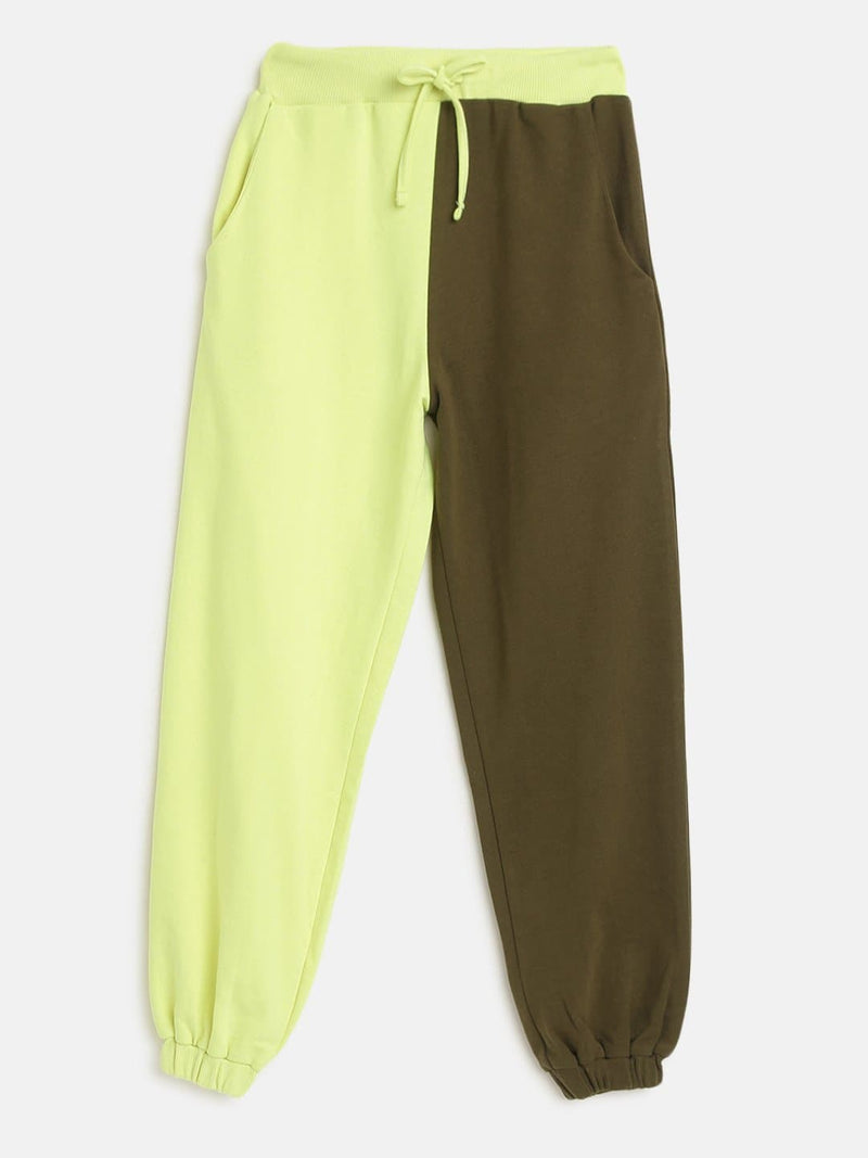 Girls Olive & Neon Green Terry Color Block Joggers