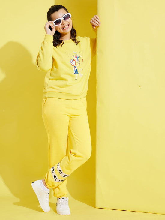 Girls Yellow Fleece Brand Tape Joggers