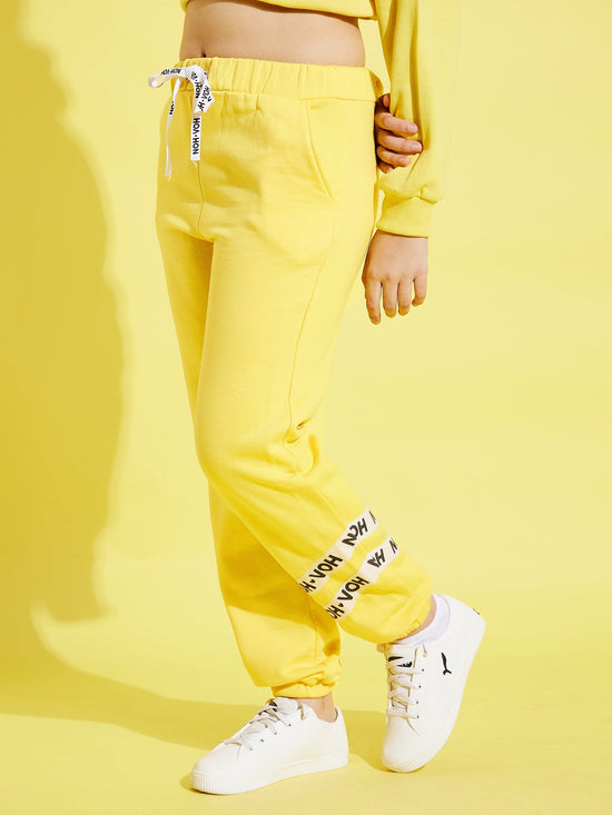 Girls Yellow Fleece Brand Tape Joggers