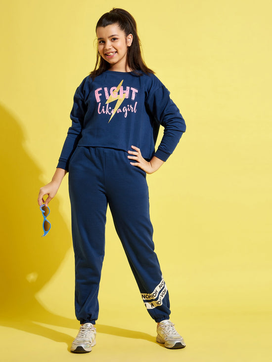 Girls Blue Fleece Brand Tape Joggers