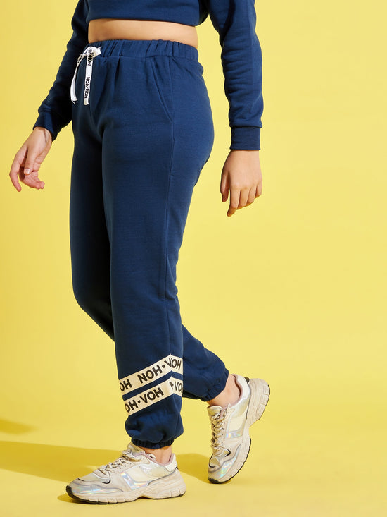 Girls Blue Fleece Brand Tape Joggers