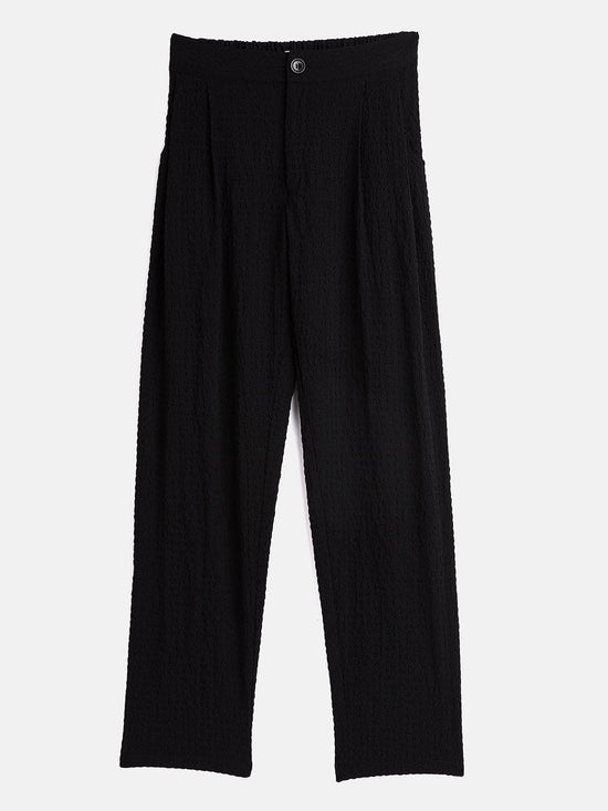 Girls Black Seer Sucker Front Button Straight Pants