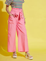 Girls Pink Paper Bag Multi Pocket Pants